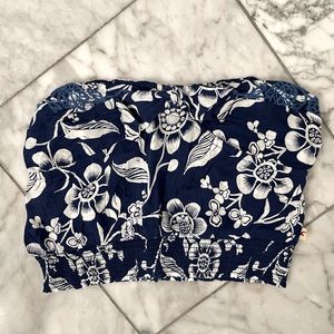Hollister - Blue Tropical Floral Print Strapless Crop Top, sexy, beach, summer